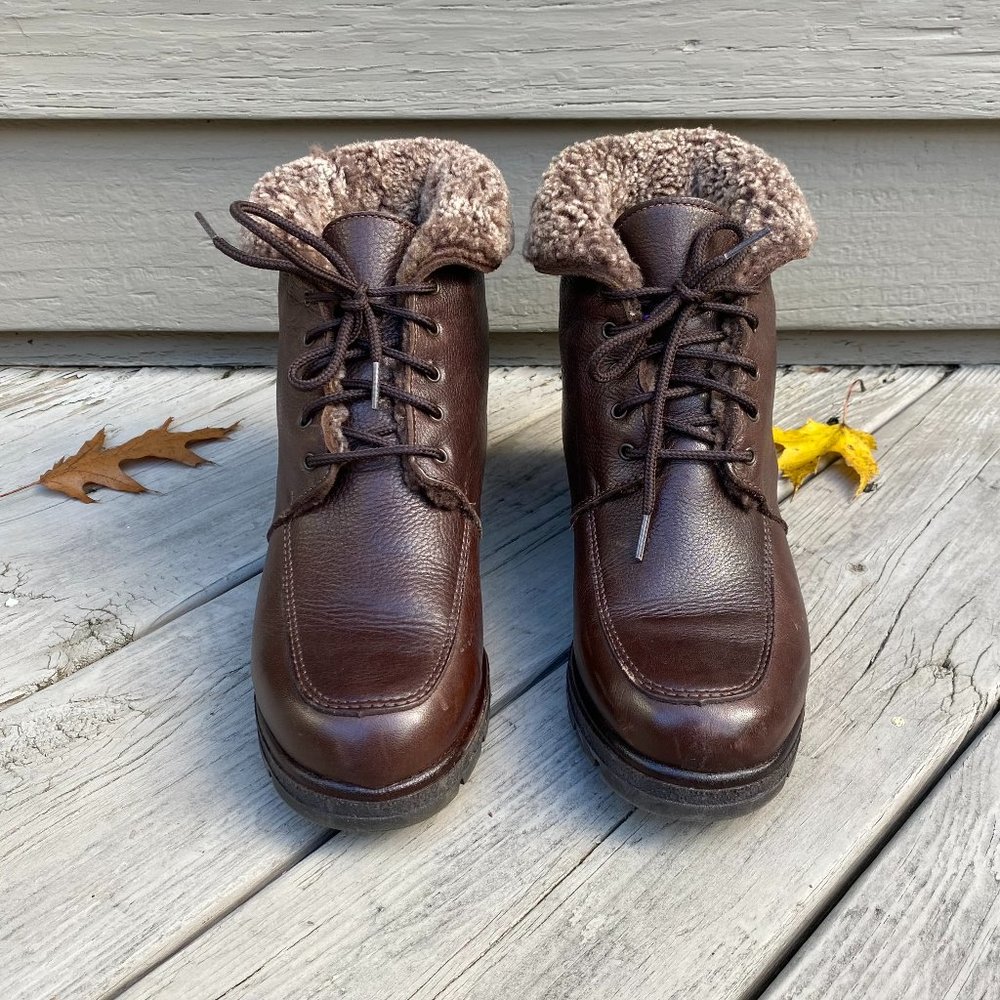 NEXDAY Canada Womens Brown Leather Faux Fur Roll Down Lace Up Boots